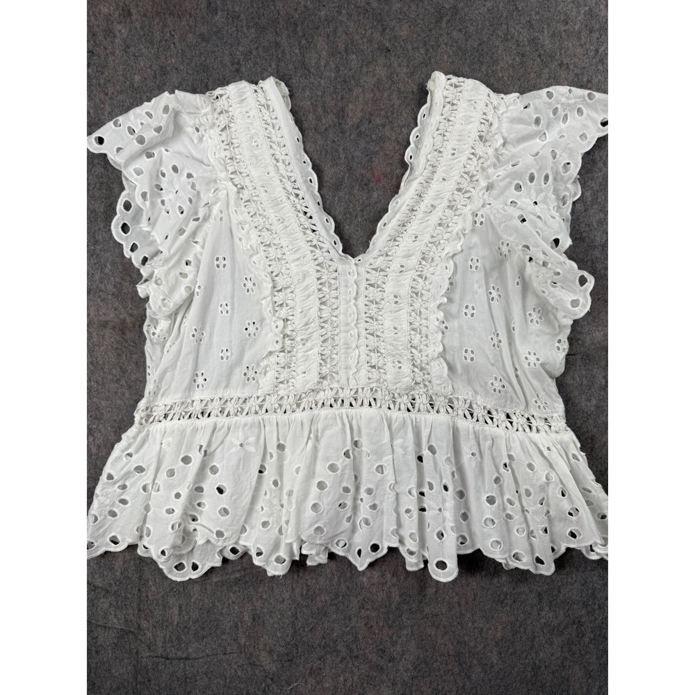 Jennifer Grace White Eyelet Lace Peplum Blouse XL V-Neck Flutter Sleeve Boho Top - Picture 5 of 5